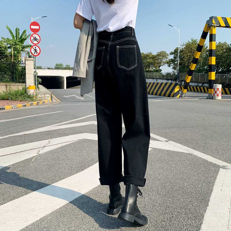 Oversized women's clothing200Jin PangmmBlack wide leg jeans, loose fitting, high waisted, slimming, straight tube, mop up dad pants
