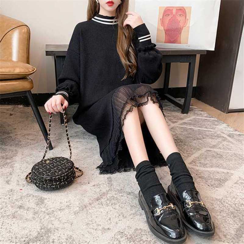 2021Oversized women's loose fitting Korean version fake two-piece mesh patchwork knitted mid length bottomed woolen dress