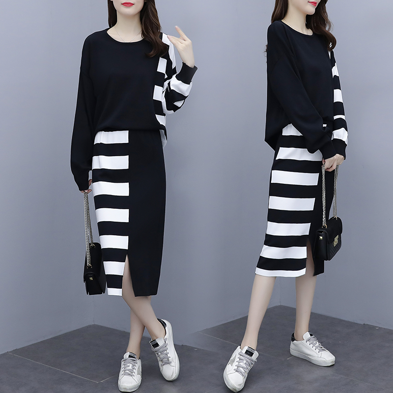 2021Autumn New Fat Sister Casual Set Women's Asymmetric Stripe Knitted Large Split Half SkirtP83