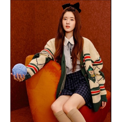 2022Autumn and Winter Bear Embroidery KnitVCollar sweater cardigan jacket female