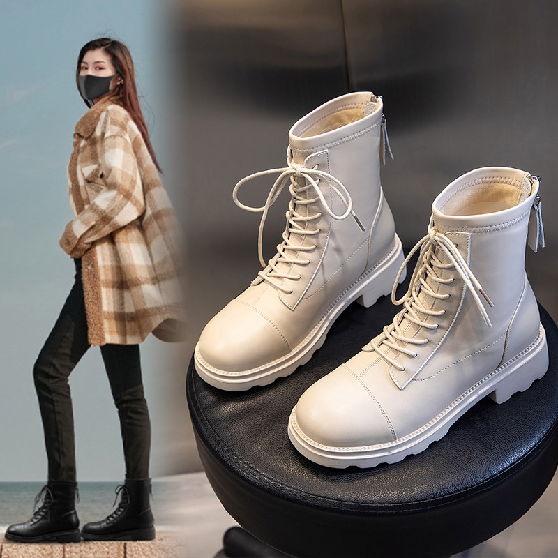真皮马丁靴女秋冬季2021新款短筒靴英伦风粗跟女靴休闲中筒靴子女