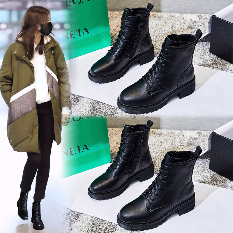 Genuine leather thick soled Martin boots for women2021Autumn and Winter New Women's Mid length British Style Slim and Slim Boots Short Boots and Velvet Women's Shoes