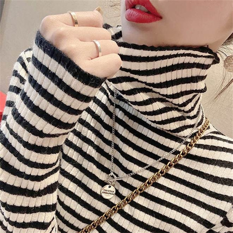 High neck striped knit shirt for women in autumn and winter2022New Korean Fit Slim Long Sleeve Underlay Sweater