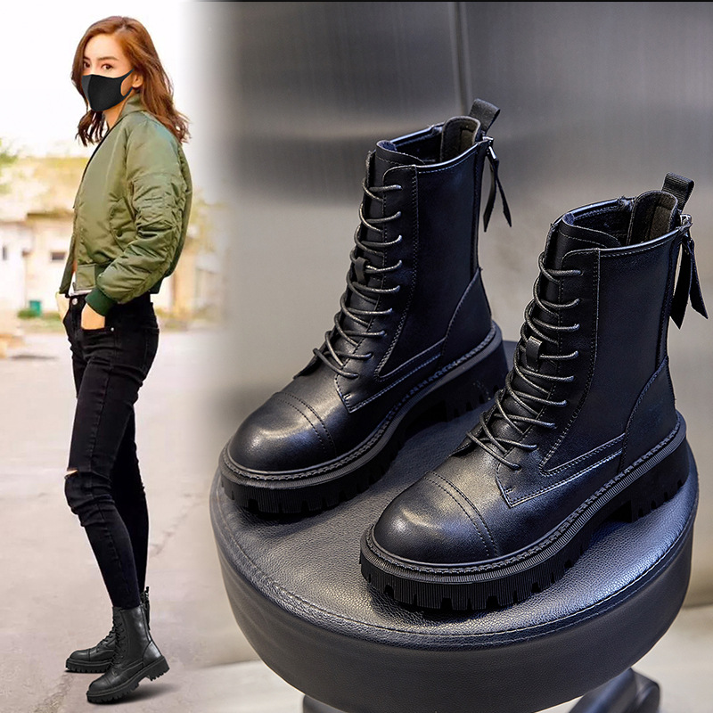 Genuine leather Martin boots for women in autumn and winter2021New Coarse Heel Motorcycle Boots for Children's Leisure Plush Elevated Mid length Boots for Women