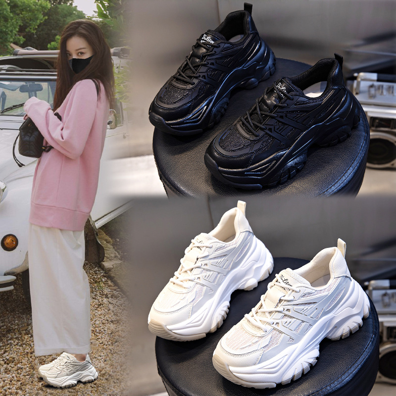 Women's shoes with film absorbing soles in autumn2021New sports shoes with thick soles and elevated running shoes for children's casual leather dad shoes