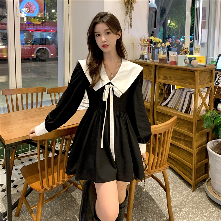 Baby Collar Age Reducing Sweet Dress for Women in Autumn2021New French Lace Up Waist Slim Short Skirt