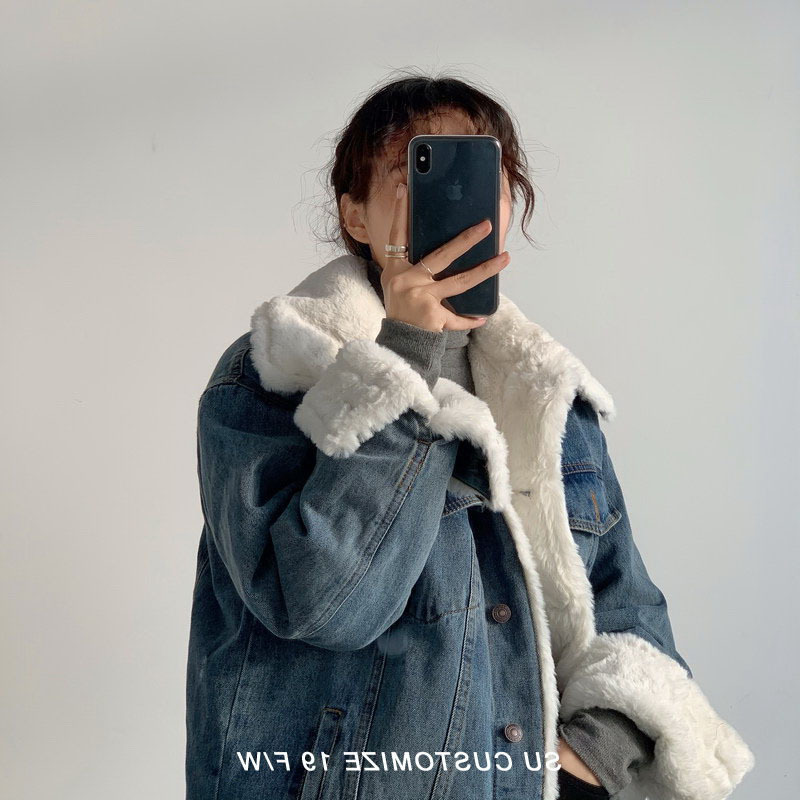 2021Autumn and winter vintage cashmere thickened lamb hair Jean jacket women loose Korean versionBFVersatile Student Short